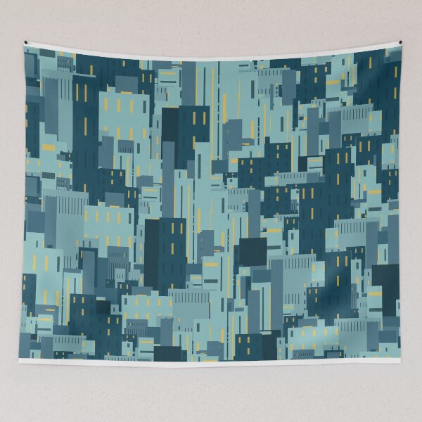 Item preview, Busy city at night pattern blue and yellow designed and sold by marie-inks.