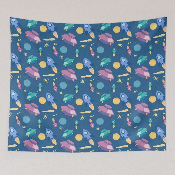 Item preview, Off to space - repeating pattern rocketship aliens moon sun space comeet star designed and sold by marie-inks.