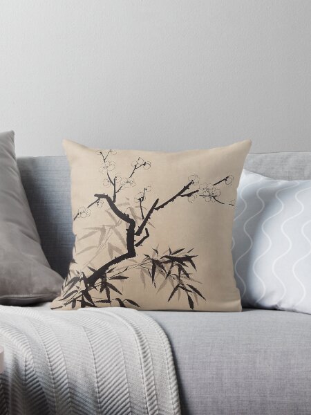 Plum Blossom With Bamboo - Ink Throw Pillow