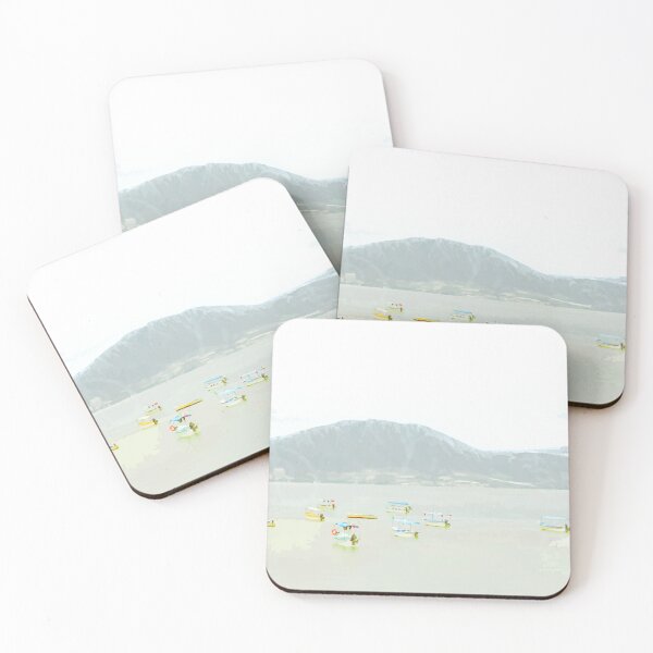 Item preview, Colorful boats on a peaceful lake in fog and taupe designed and sold by Boho Contessa.