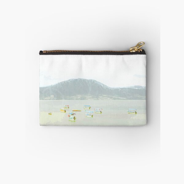 Item preview, Colorful boats on a peaceful lake in fog and taupe designed and sold by Boho Contessa.