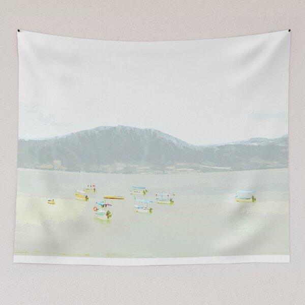 Item preview, Colorful boats on a peaceful lake in fog and taupe designed and sold by Boho Contessa.