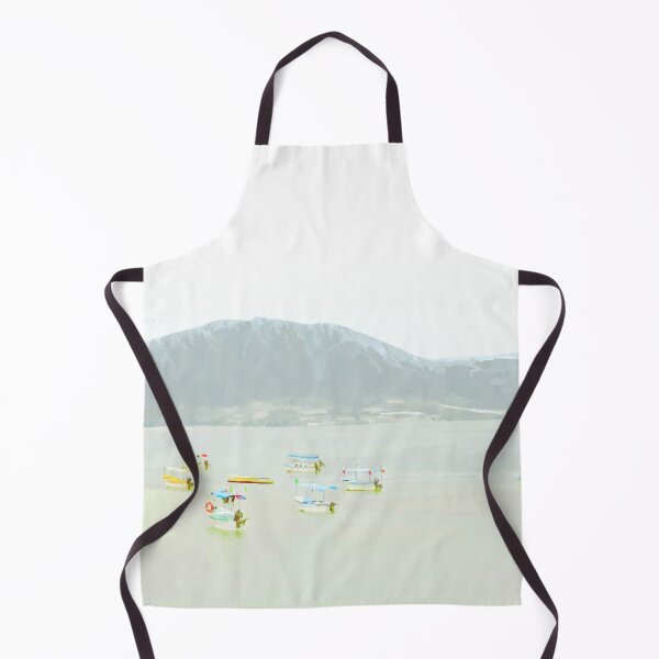 Item preview, Colorful boats on a peaceful lake in fog and taupe designed and sold by Boho Contessa.