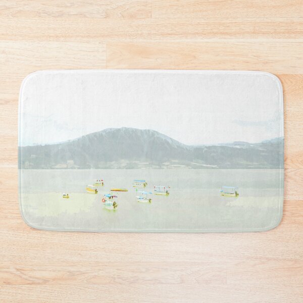 Item preview, Colorful boats on a peaceful lake in fog and taupe designed and sold by Boho Contessa.