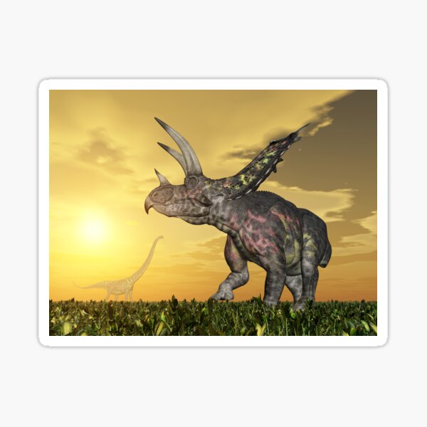 Dinosaurier Pentaceratops in einer Landschaft bei Sonnenuntergang Sticker