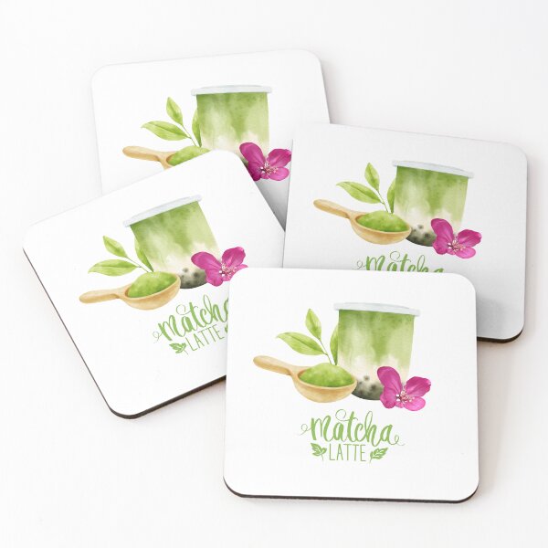 Artikelvorschau, Matcha-Latte und rosa Blumenaquarellillustration entworfen und verkauft von HappyNoireArt.
