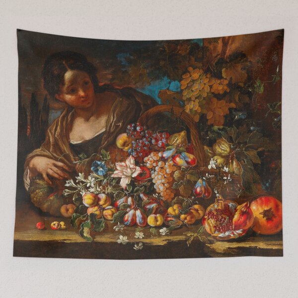Item preview, Flowers and fruit on a stone ledge with a young woman designed and sold by ARTS ZED.