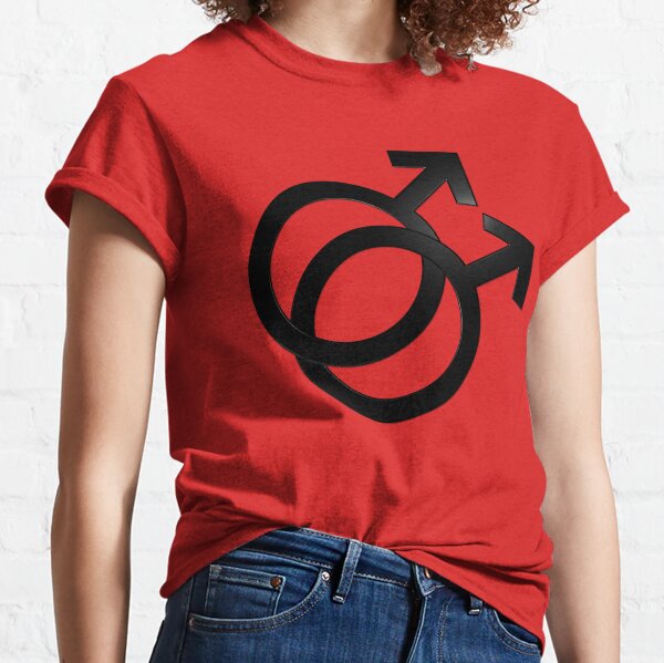 Two Interlocking Male Symbols (black design - red background) Classic T-Shirt