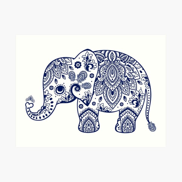 Blue Floral Elephant Illustration Art Print