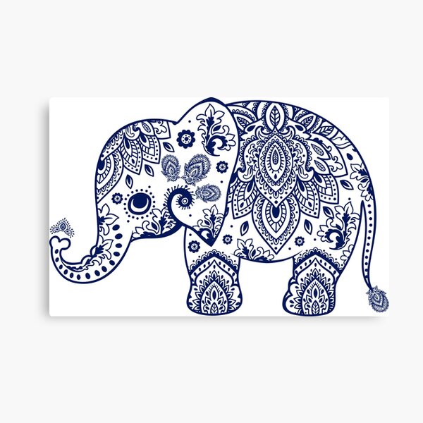 Blue Floral Elephant Illustration Canvas Print