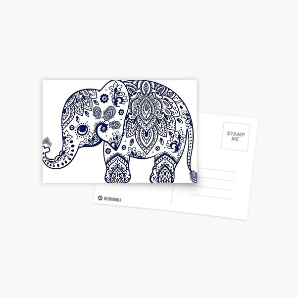 Blue Floral Elephant Illustration Postcard