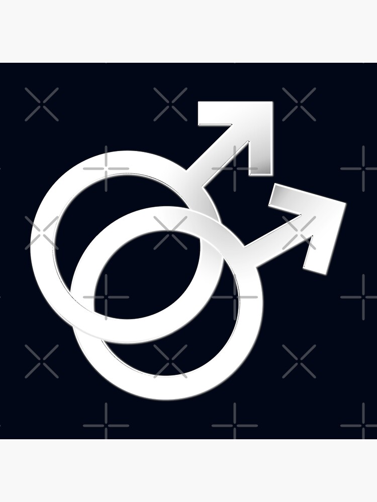 Two Interlocking Male Symbols (white design - blue background) by Gay-Pride-Depot