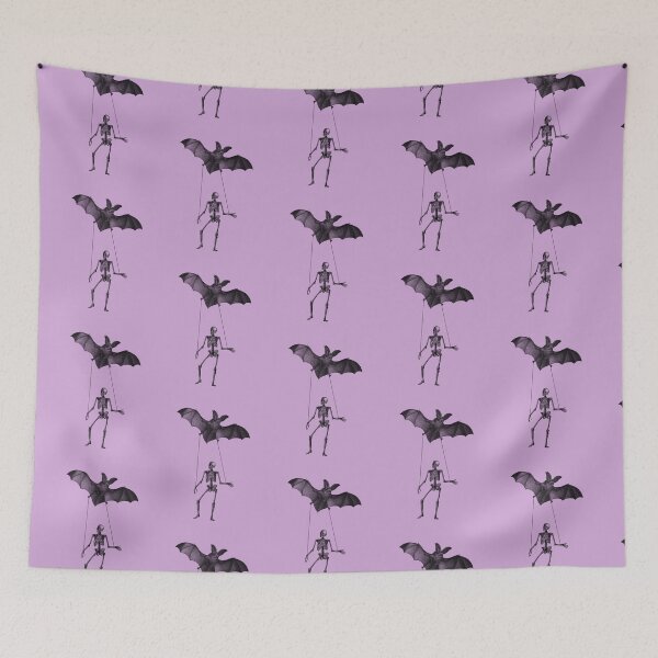 Item preview, Dancing skeleton with big bat in purple and black (black and purple) designed and sold by Madame Memento.