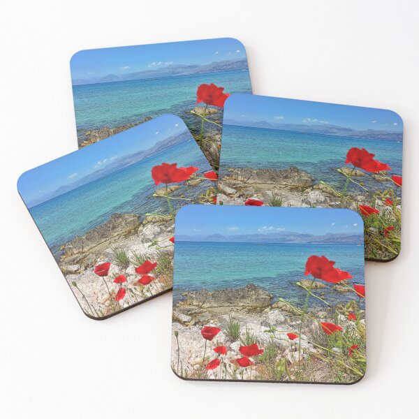 Item preview, RED POPPIES ON THE SHORE LINE OF THE BLUE IONIAN SEA designed and sold by nickbrayimages.