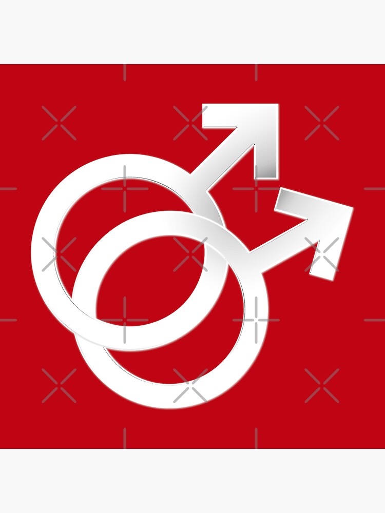 Two Interlocking Male Symbols (white design - red background) by Gay-Pride-Depot