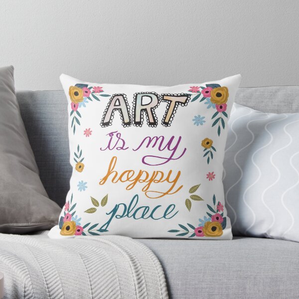 Art is My Happy Place - Floral Lettering Throw Pillow