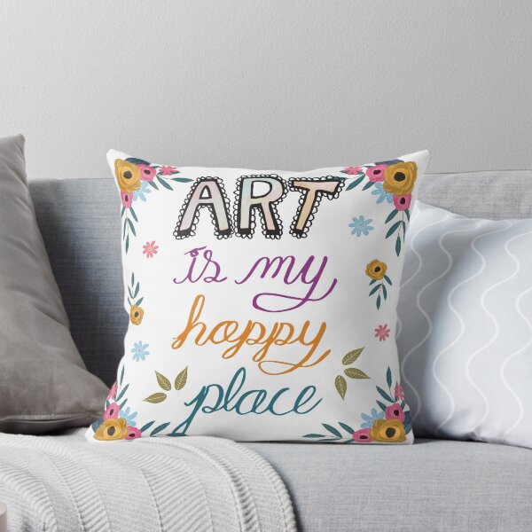 Art is My Happy Place - Floral Lettering Throw Pillow