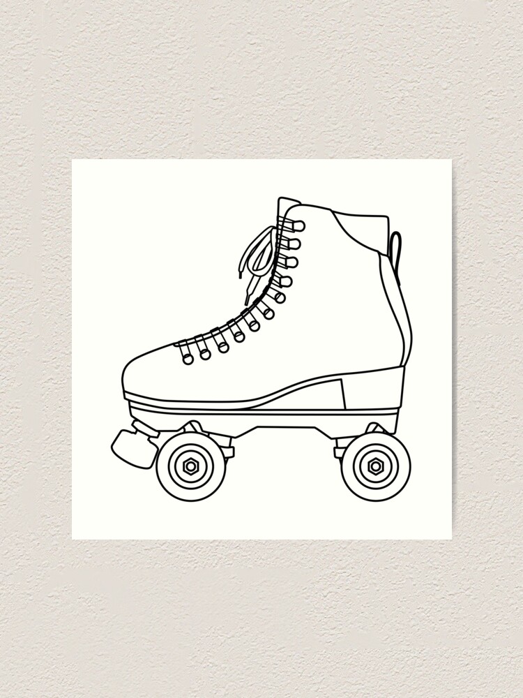 Poster avec l'œuvre « Patins à roulettes chaussures derby, Wrotki Patins à roulettes  Chaussures à roulettes Chaussures à roulettes Bottes retro old school  sport. Lignes de contour tracées, dessin » de l'artiste