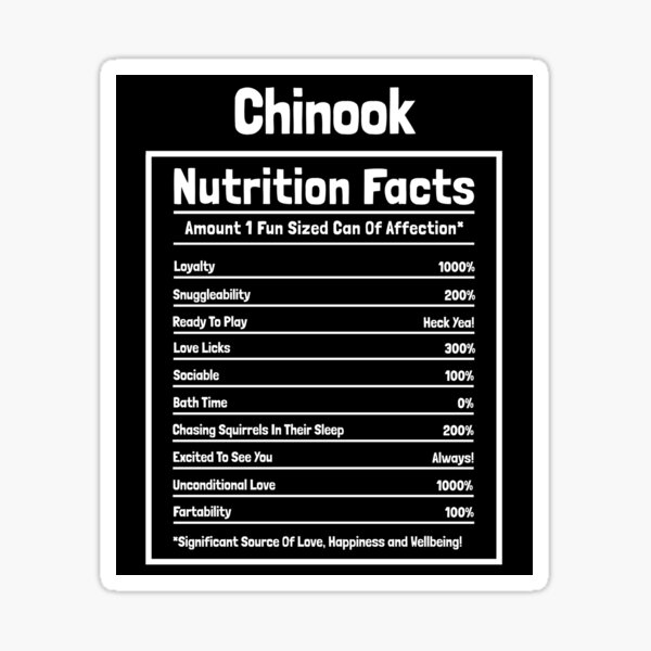 "Chinook Nutrition Facts Funny Dog Gift" Sticker for Sale by