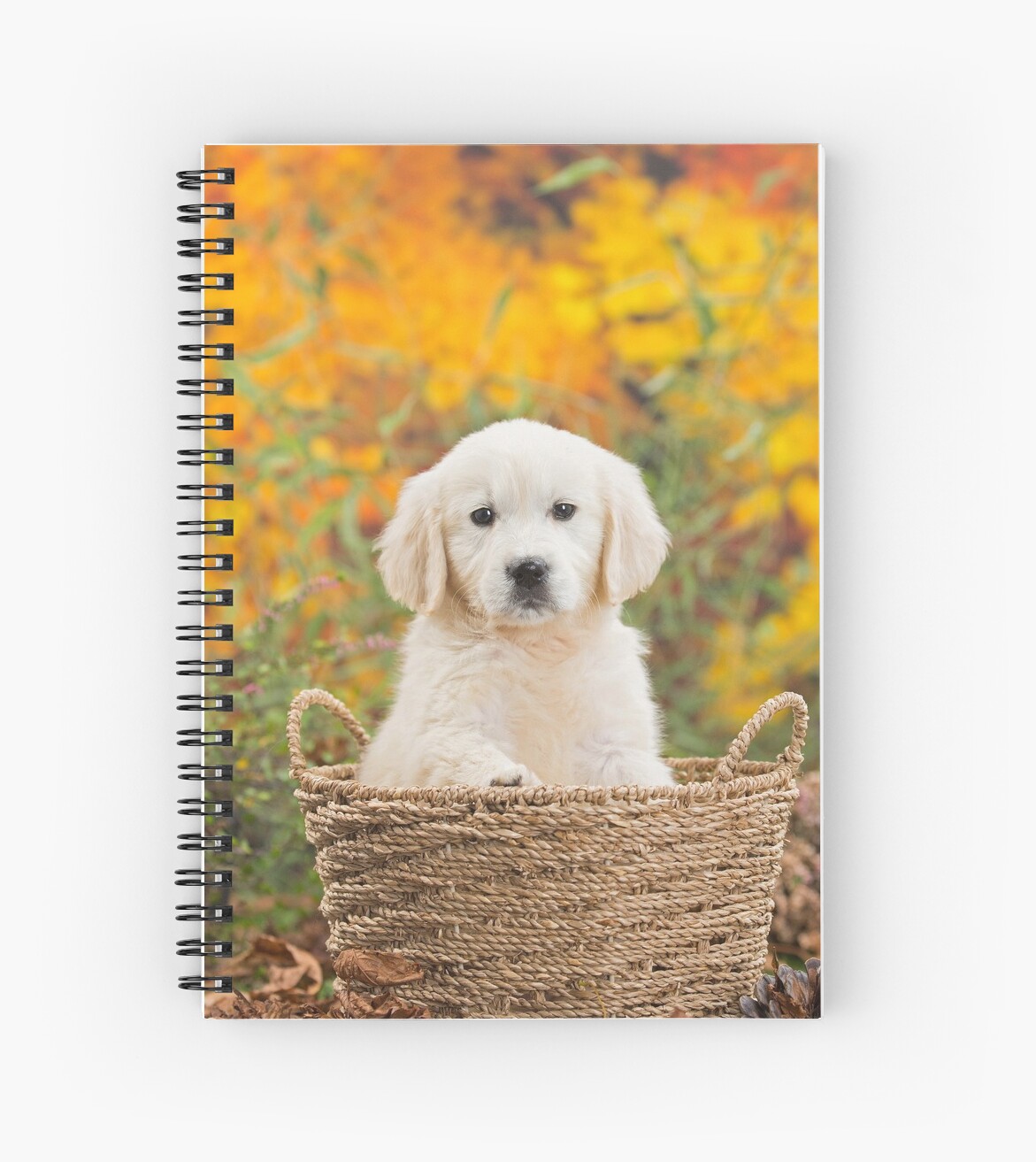 Cute Golden Retriever Puppy In Basket Spiral Notebook By