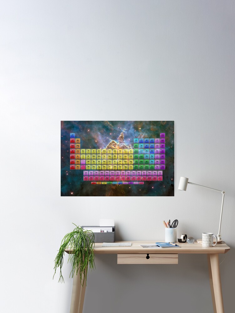 Poster, 118 Element Color Periodic Table - Stars and Nebula designed and sold by sciencenotes