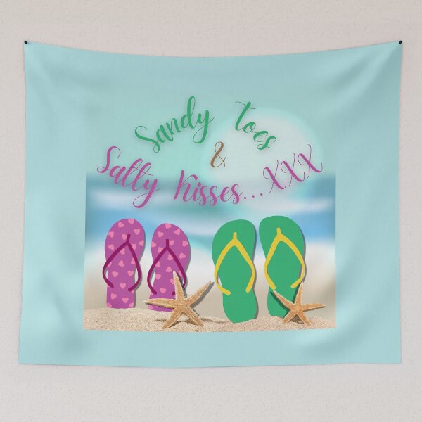 Item preview, A cheerful design with a holiday feel.. flip flops on a sandy beach. Sandy toes and Salty Kisses designed and sold by Wonder & Whimsy.