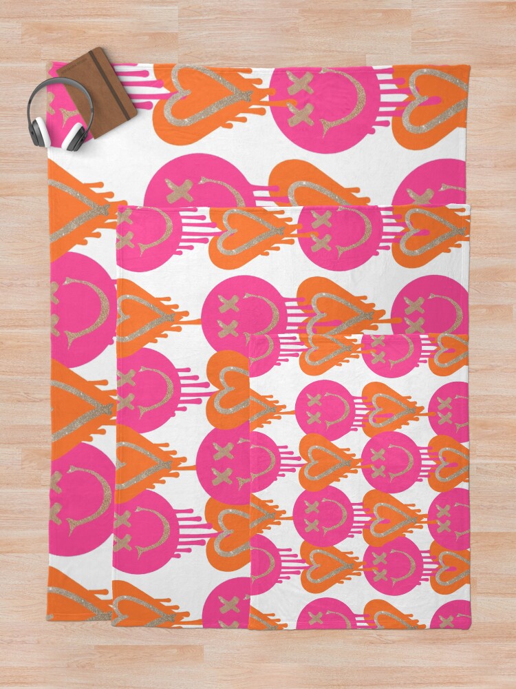 Alternate view of drippy smiley hearts - pink and orange Throw Blanket
