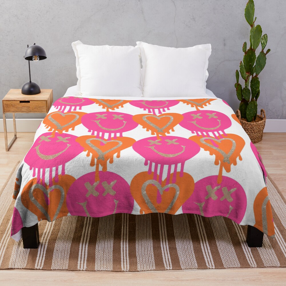 drippy smiley hearts - pink and orange Throw Blanket