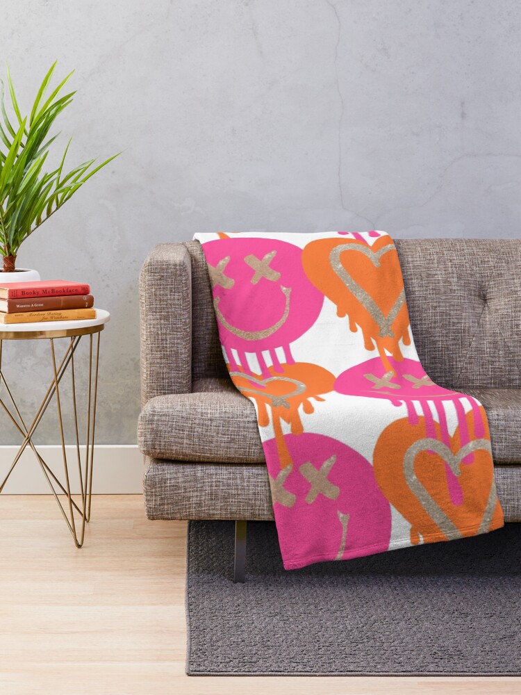 Alternate view of drippy smiley hearts - pink and orange Throw Blanket