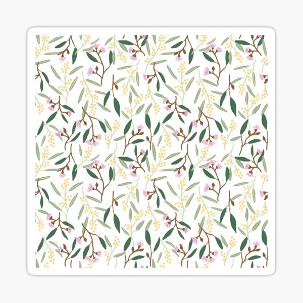 Australian wattle flowers, gum blossoms, eucalyptus leaves in bright Sticker