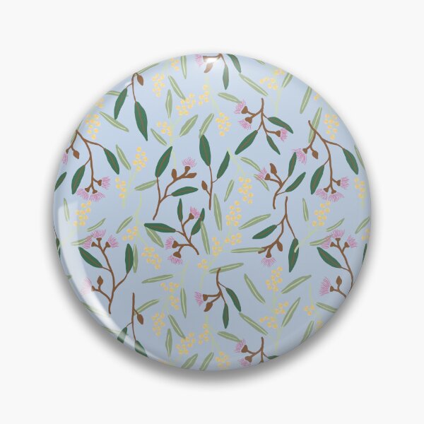 Item preview, Australian wattle flowers, gum blossoms, eucalyptus leaves on baby blue designed and sold by sunshinestudiod.