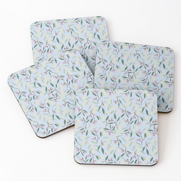 Item preview, Australian wattle flowers, gum blossoms, eucalyptus leaves on baby blue designed and sold by sunshinestudiod.
