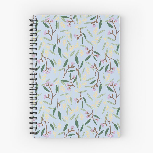Item preview, Australian wattle flowers, gum blossoms, eucalyptus leaves on baby blue designed and sold by sunshinestudiod.
