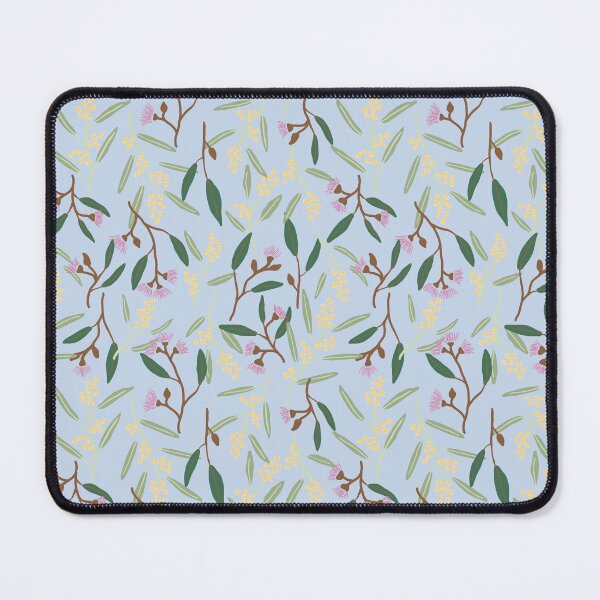Item preview, Australian wattle flowers, gum blossoms, eucalyptus leaves on baby blue designed and sold by sunshinestudiod.