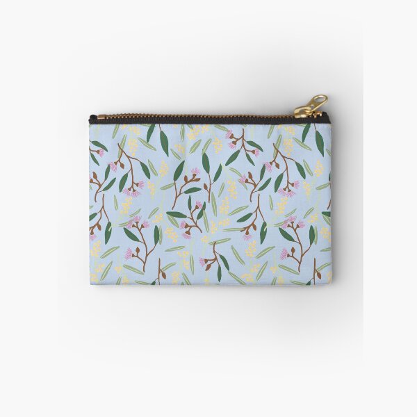 Item preview, Australian wattle flowers, gum blossoms, eucalyptus leaves on baby blue designed and sold by sunshinestudiod.
