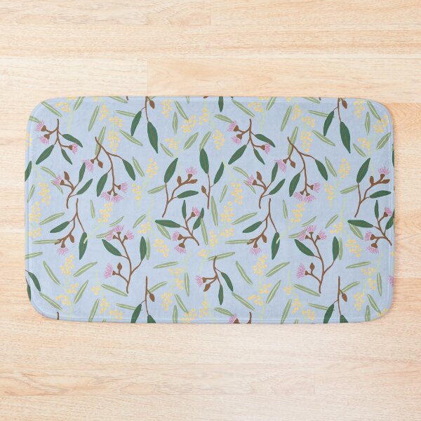 Item preview, Australian wattle flowers, gum blossoms, eucalyptus leaves on baby blue designed and sold by sunshinestudiod.