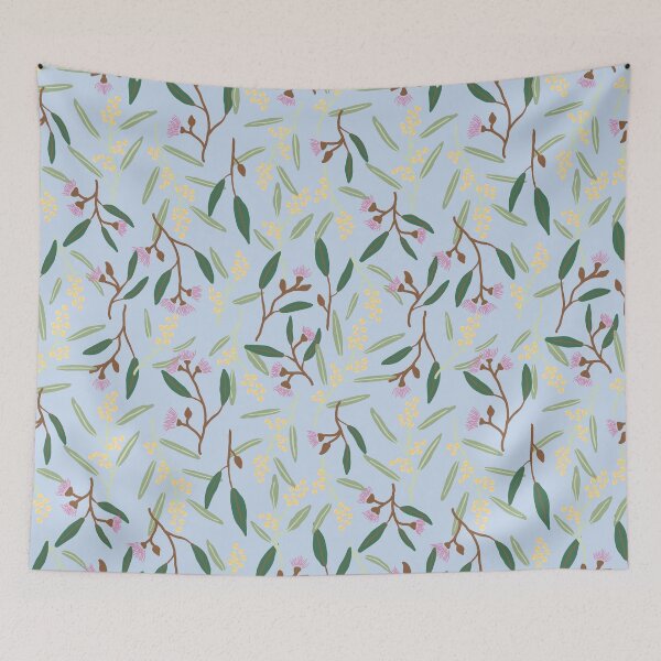 Item preview, Australian wattle flowers, gum blossoms, eucalyptus leaves on baby blue designed and sold by sunshinestudiod.