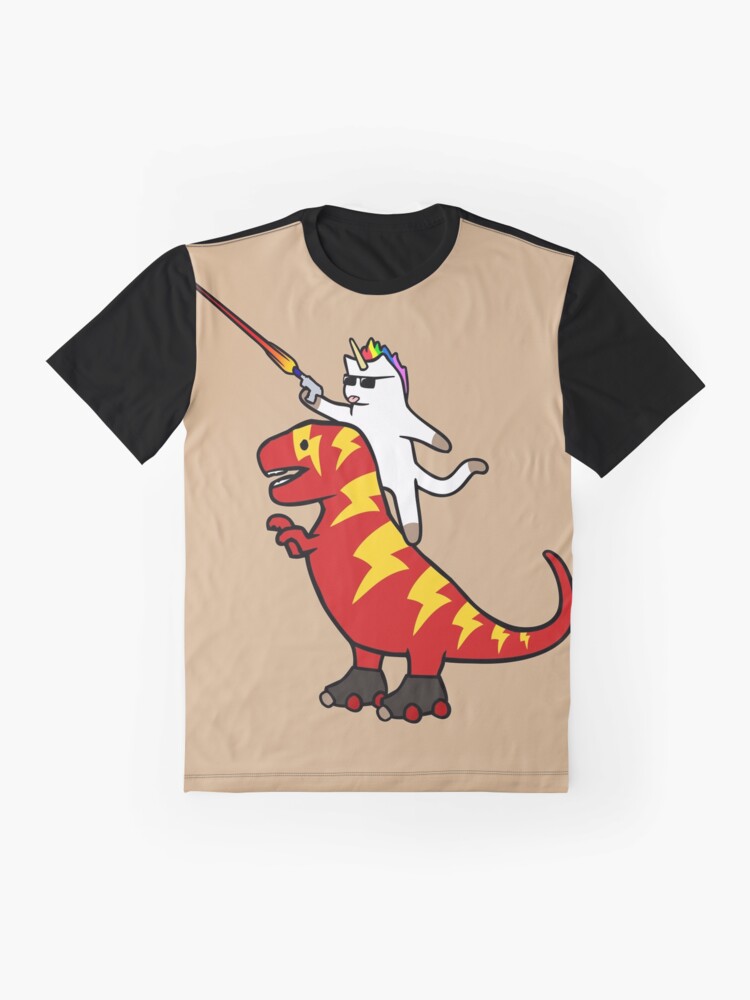 Alternate view of Unicorn Cat Riding Lightning T-Rex Graphic T-Shirt