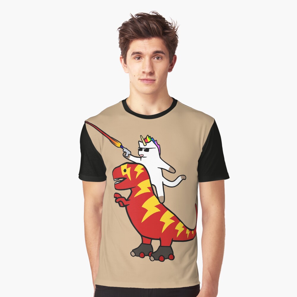 Unicorn Cat Riding Lightning T-Rex Graphic T-Shirt