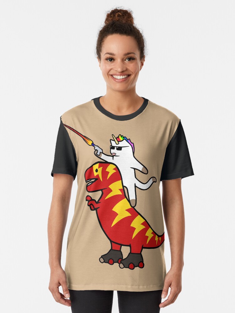 Alternate view of Unicorn Cat Riding Lightning T-Rex Graphic T-Shirt