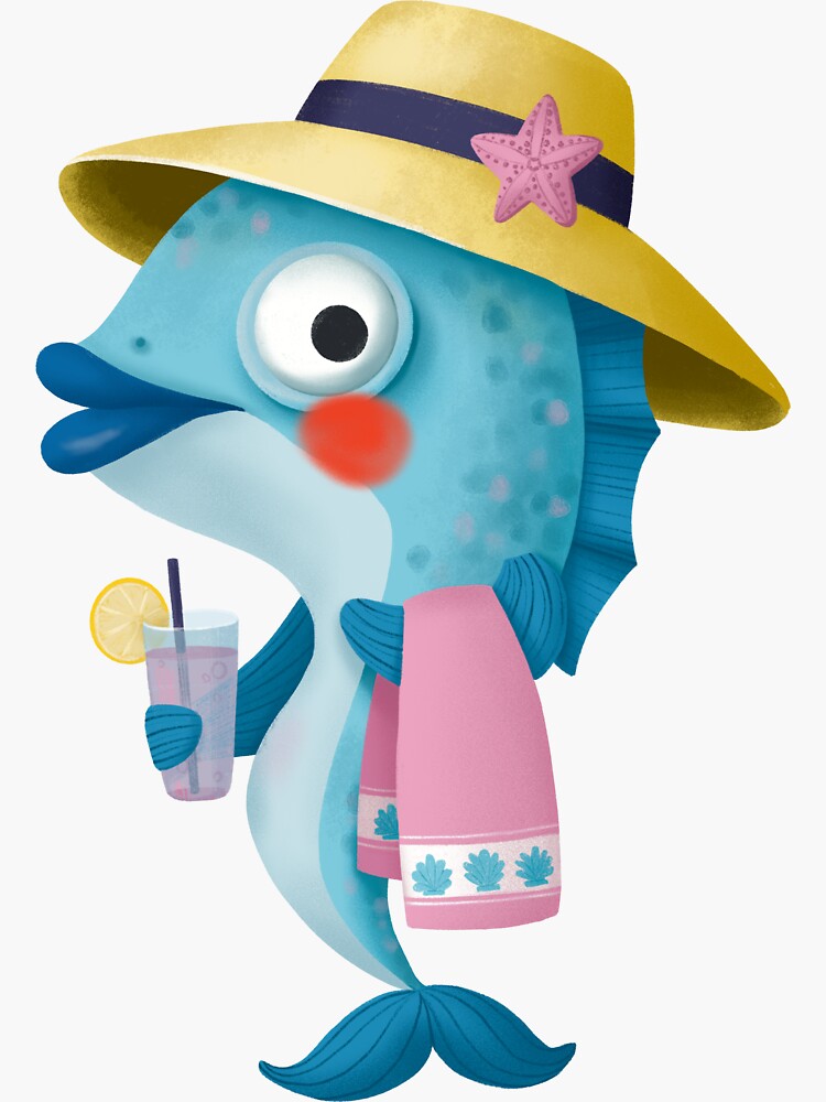 Cute cartoon fish in a straw hat and with a towel and a cocktail in her  hands Sticker for Sale by Kyb4ik