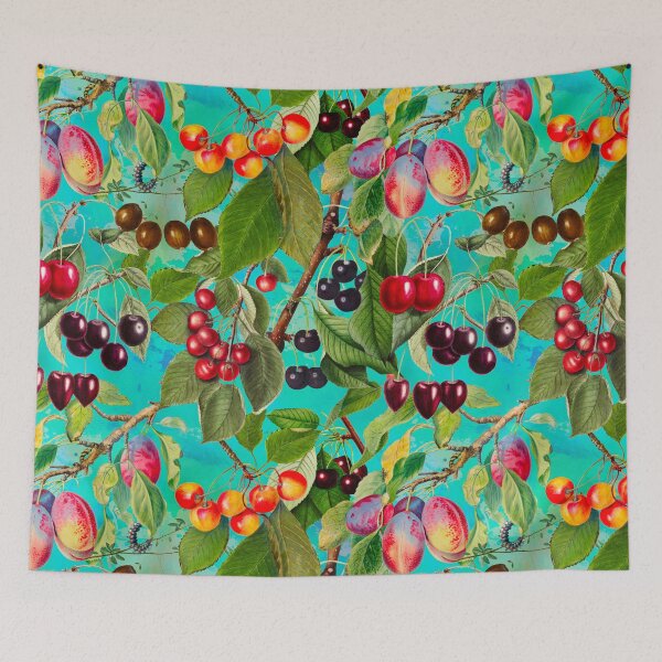 Item preview, Exotic tropical floral leaves and fruits, botanical pattern, tropical plants, blue turquoise fruit pattern designed and sold by ZeinabTaha.