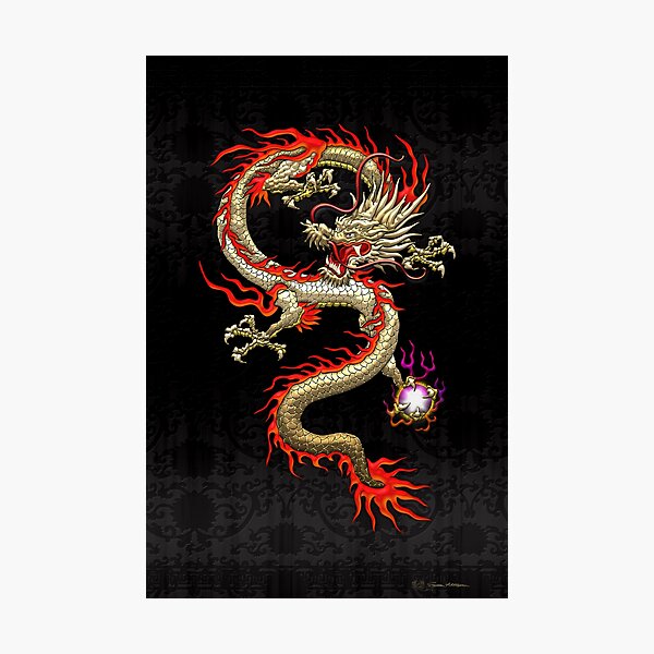 Artikel-Vorschau von Goldener chinesischer Drache Fucanglong auf schwarzer Seide, designt und verkauft von Serge Averbukh Art Studio.