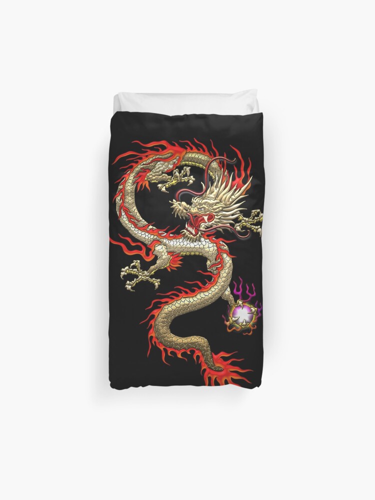 Golden Chinese Dragon Fucanglong On Black Silk Duvet Cover By