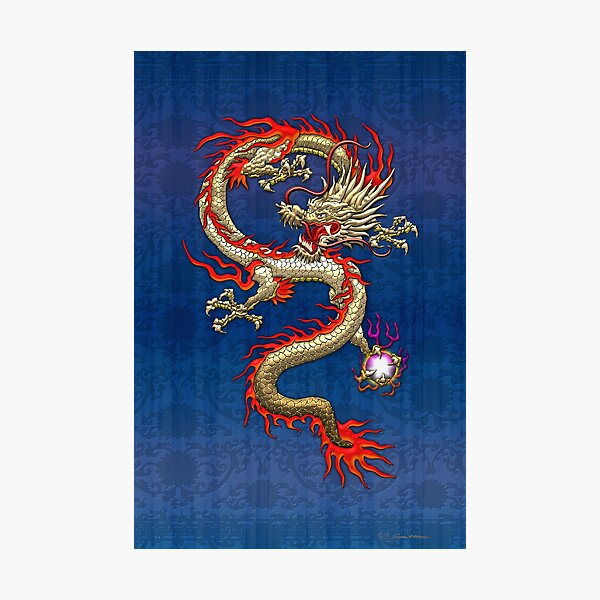 Artikel-Vorschau von Goldener chinesischer Drache Fucanglong auf blauer Seide, designt und verkauft von Serge Averbukh Art Studio.