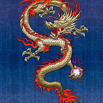 Golden Chinese Dragon Fucanglong on Blue Silk | Art Board Print