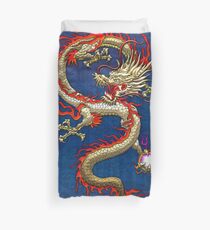 Golden Chinese Dragon Fucanglong on Blue Silk Duvet Cover
