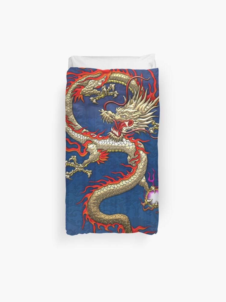Golden Chinese Dragon Fucanglong On Blue Silk Duvet Cover By