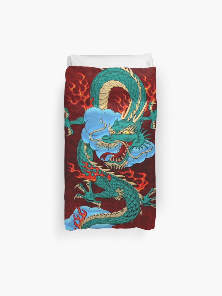 The Great Dragon Spirits Turquoise Dragon On Red Silk Duvet