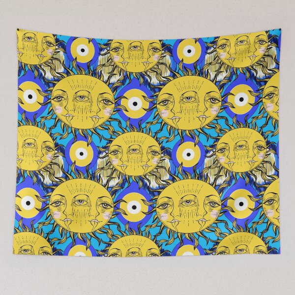 Item preview, Evil eyes seamless pattern with funny retro sun. Modern style. Good luck. Turkish tile designed and sold by MilaOkie.